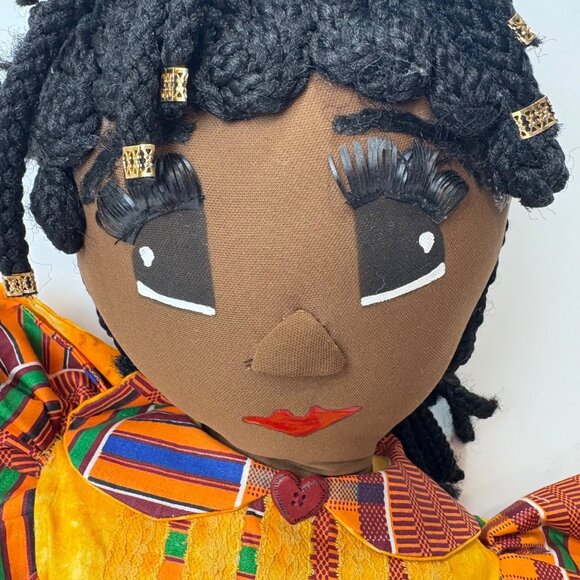 Handmade African Cloth Doll 30” Braided Hair w/Beads & Kente Dress Heart Buttons - Picture 2 of 7